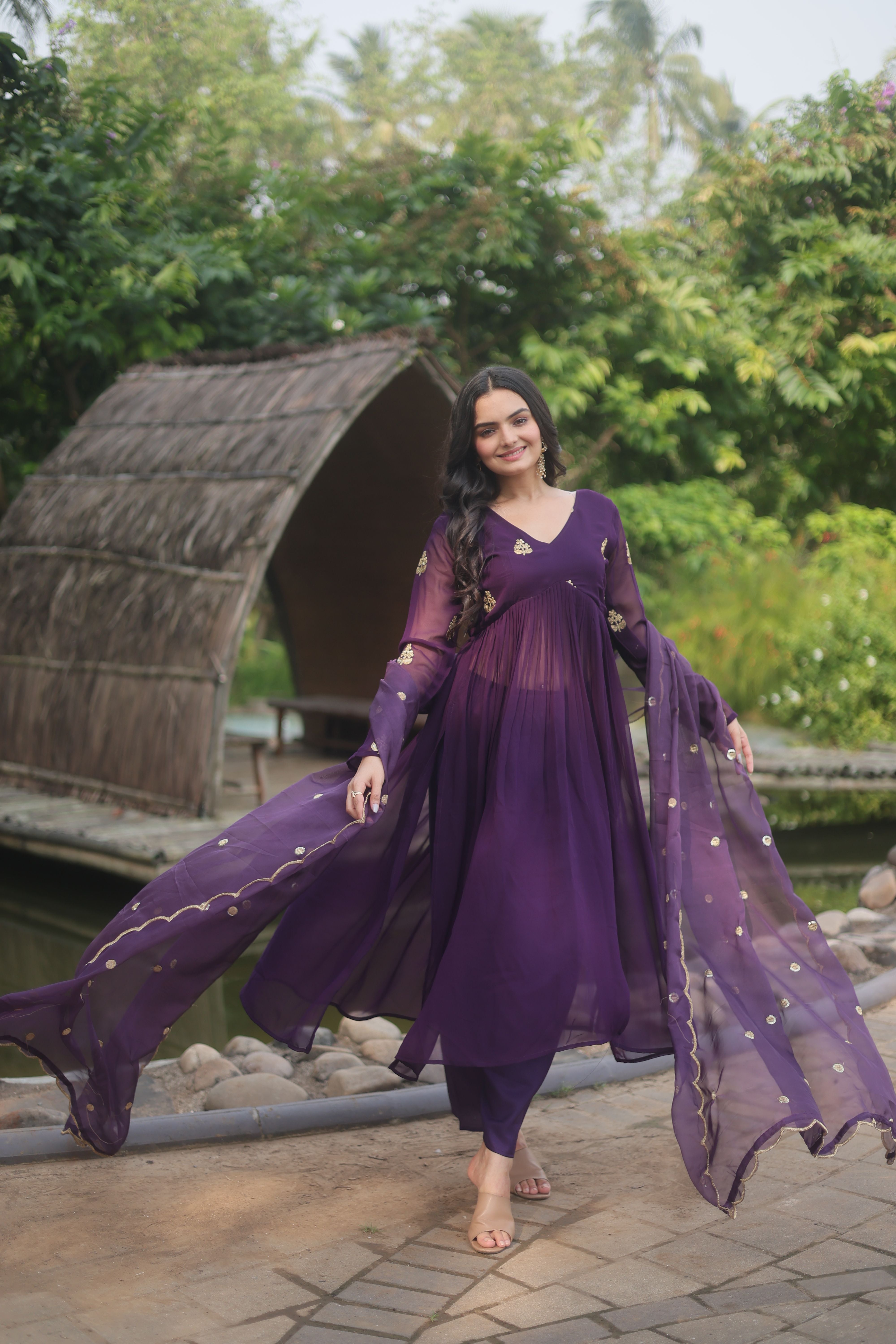 Aastha Purple Faux Blooming Russian Silk with Gown Embroidered Work