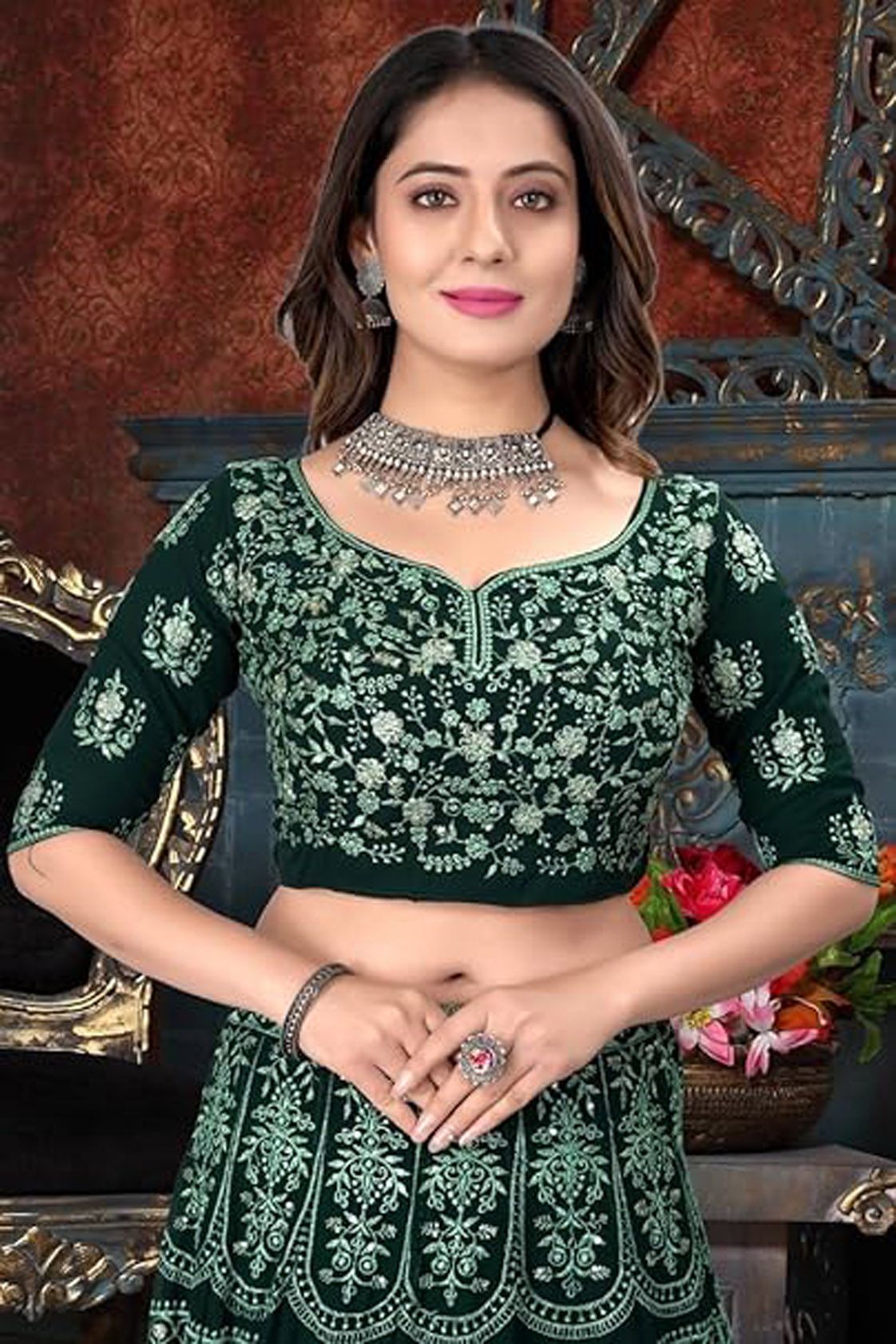 Aastha fashion off green Lehenga Choli with faux georgette blouse fabric