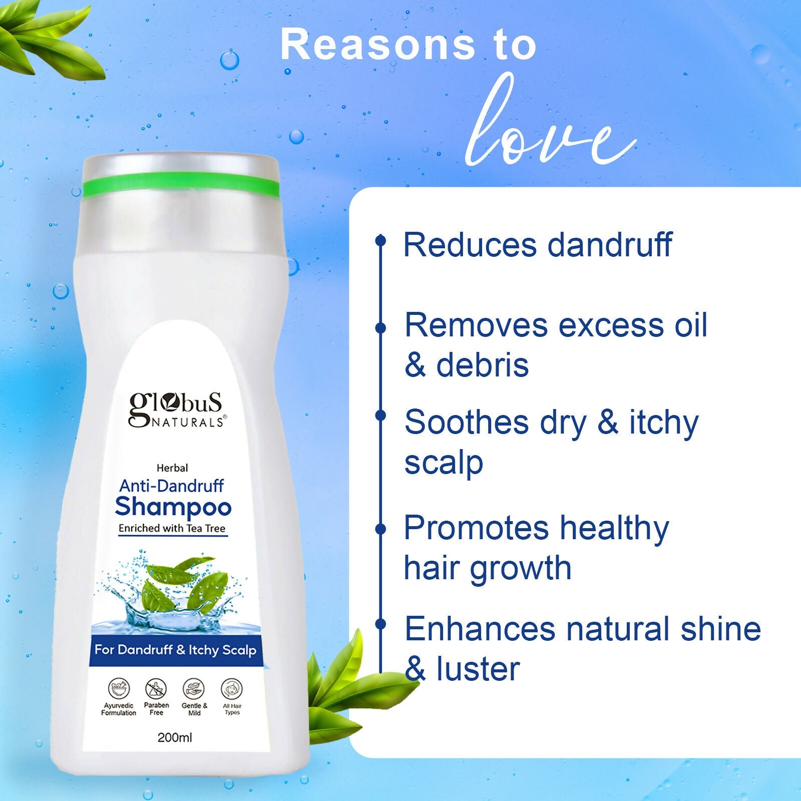 Globus Naturals Anti Dandruff Shampoo, For Dandruff and Itchy Scalp, Suitable For All Hair Types