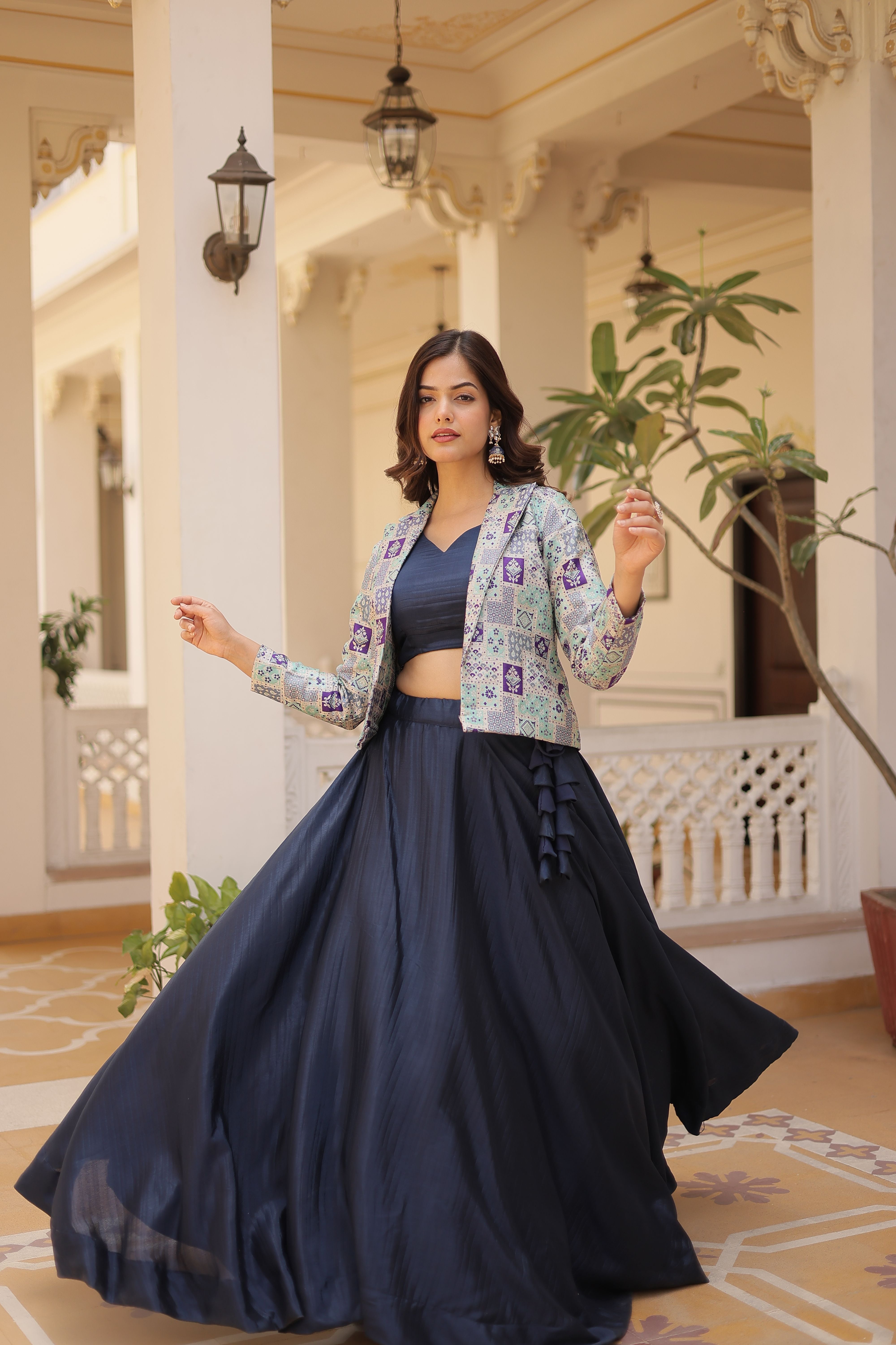 Aastha fashion navy blue Lehenga chinnon blouse fabric embroidery work