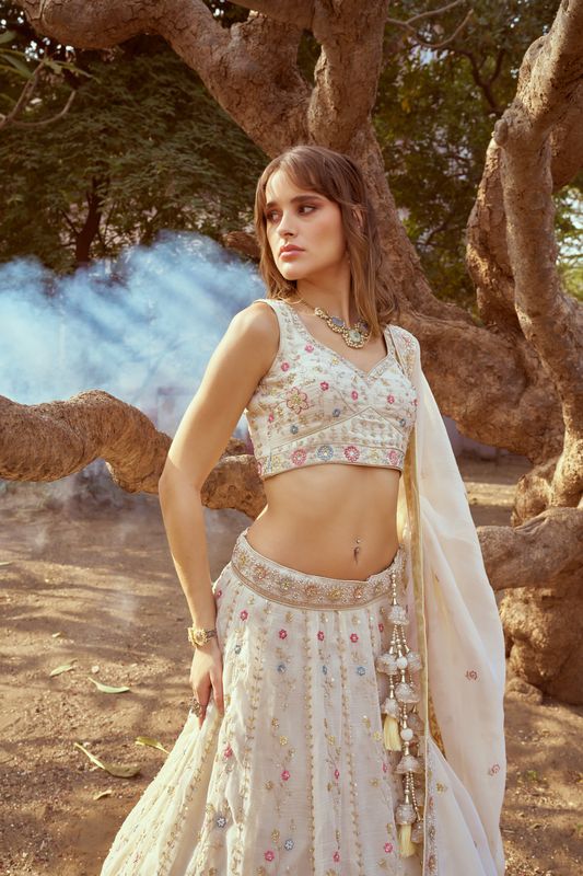 Aastha fashion Cream Tissue lehanga blouse Embroidery Work