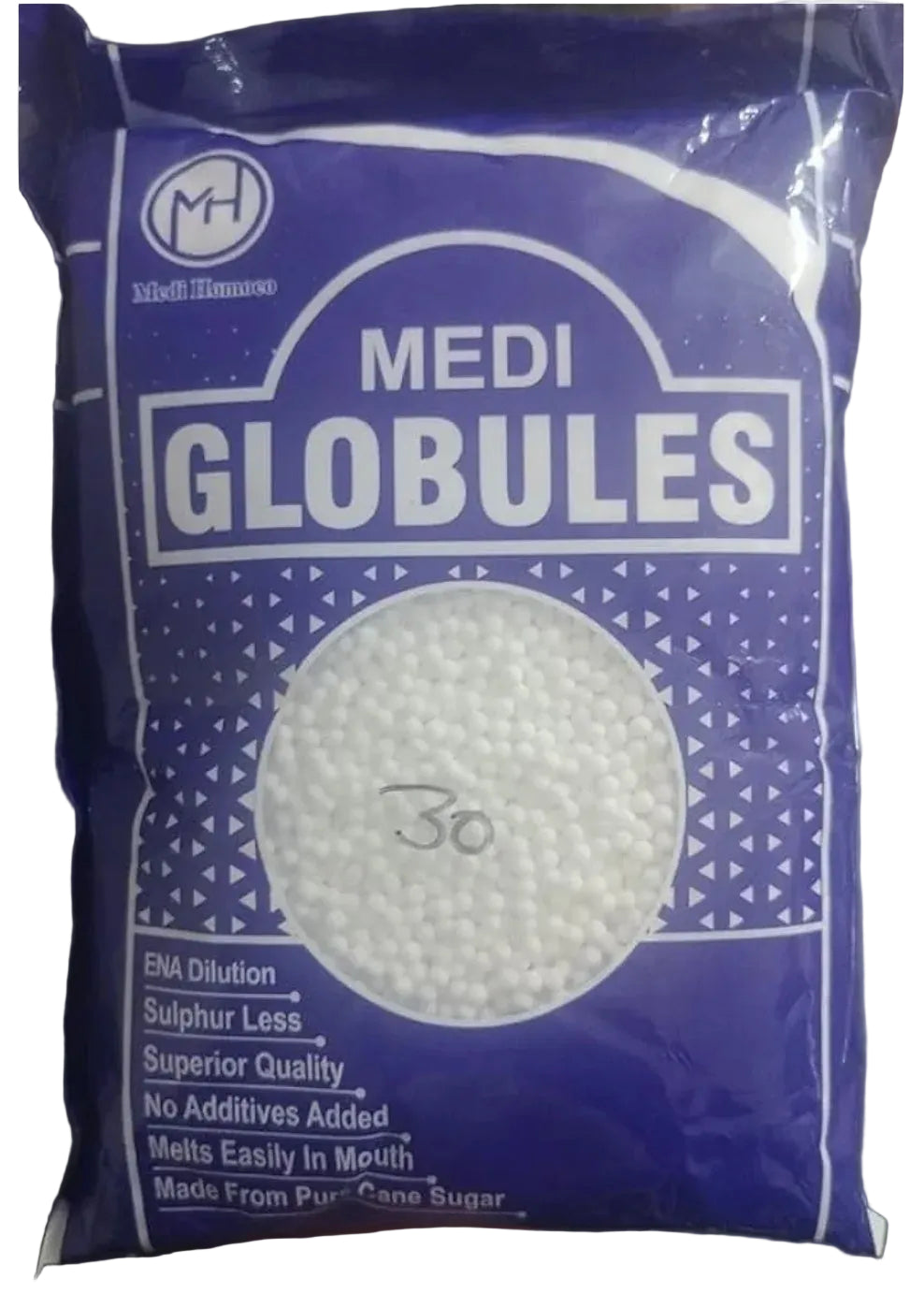 Packaging of Medi Globules with blue and white design