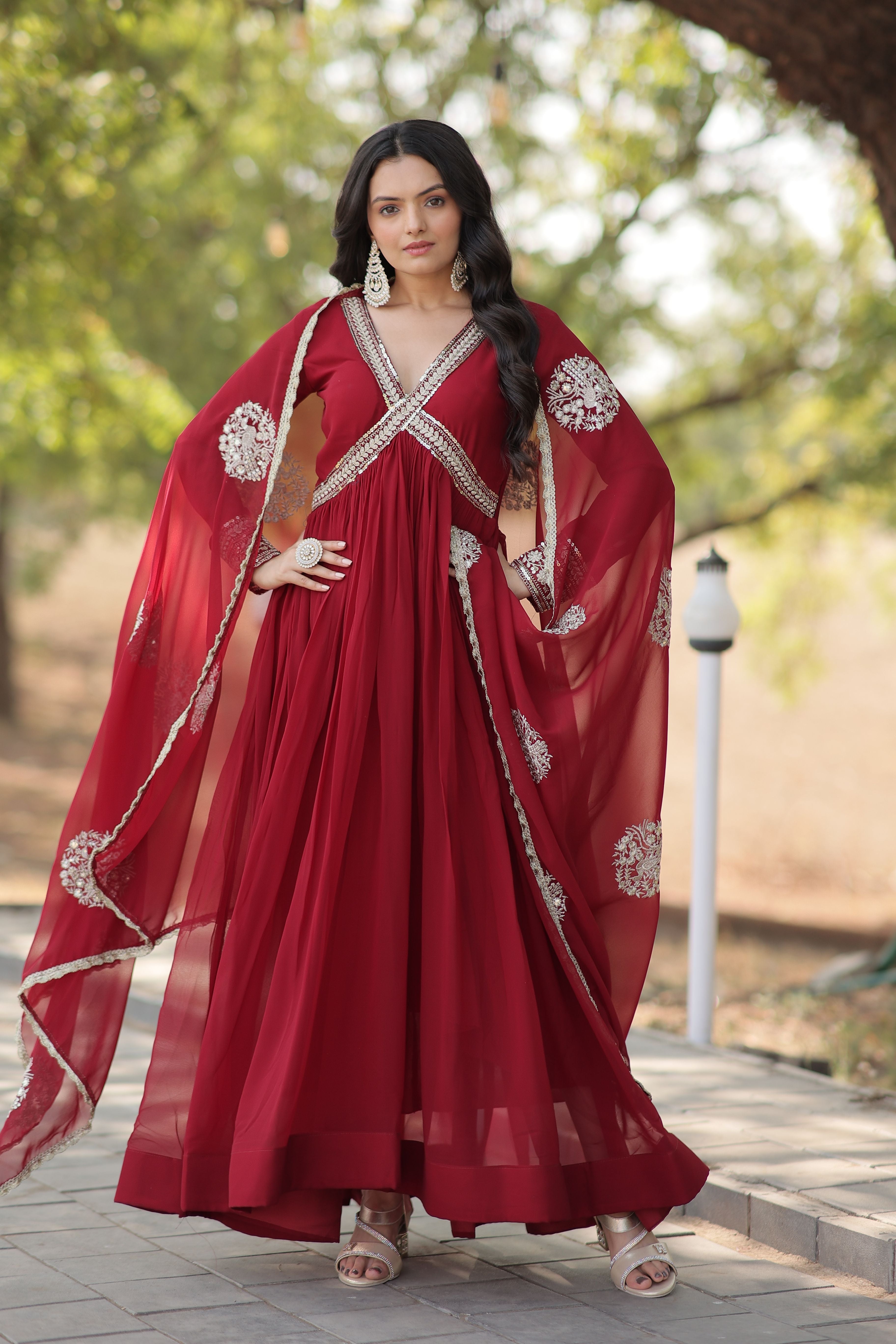 Aastha Maroon with Gown Blooming Faux Georgette Embroidery Zari Sequins-work