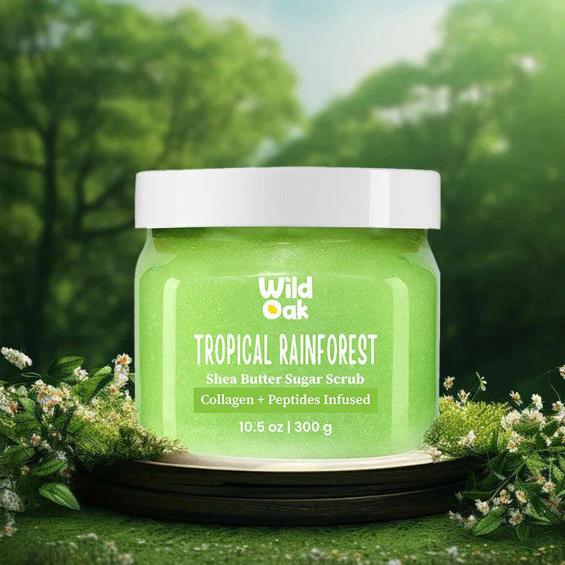 WildOak Tropical Rainforest Shea Sugar Body Scrub | 300gm | With Avocado, Collagen & Peptides | Tan Removal & Smooth Skin | Removes Dead Skin | Ultra Hydrating, Exfoliating & Moisturising Sugar Body Scrub