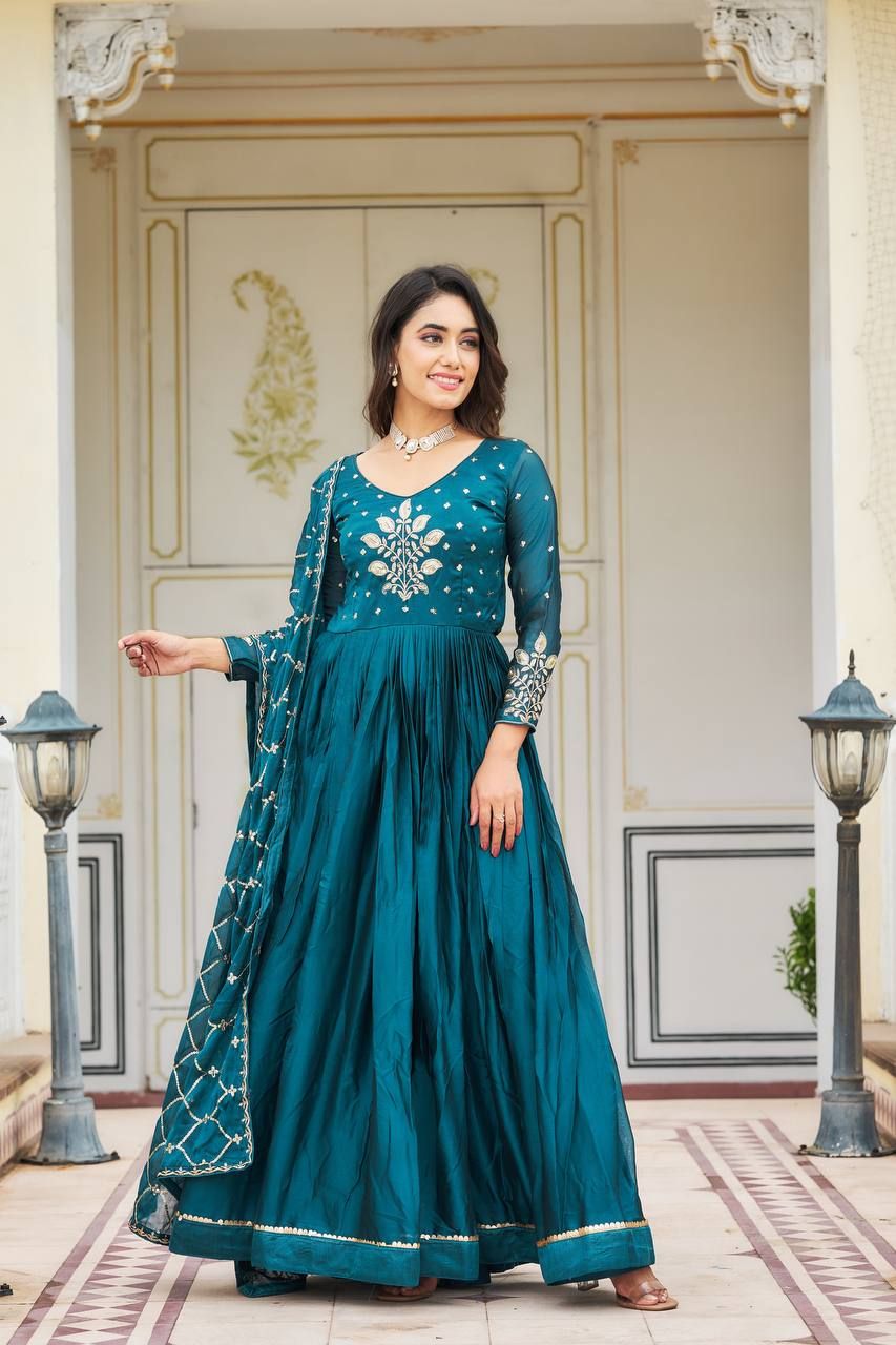 Aastha Turquoise pure Rangoli Fox Georgette with Gown Fabric Heavy sequence Embroidery Work