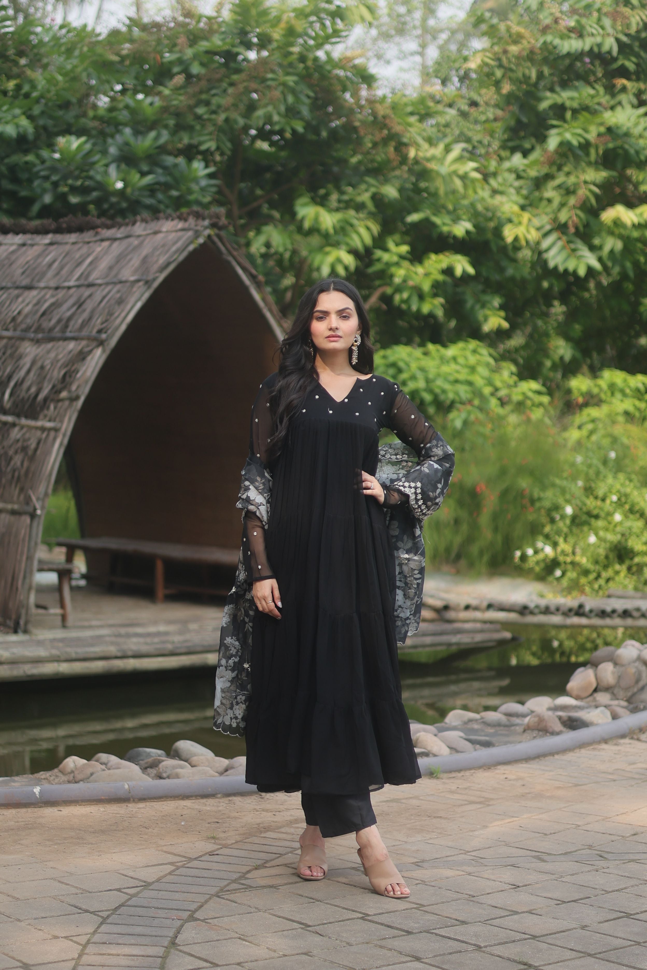 Aastha Black Faux Bloomin Soft organza with Gown Embroidered Work