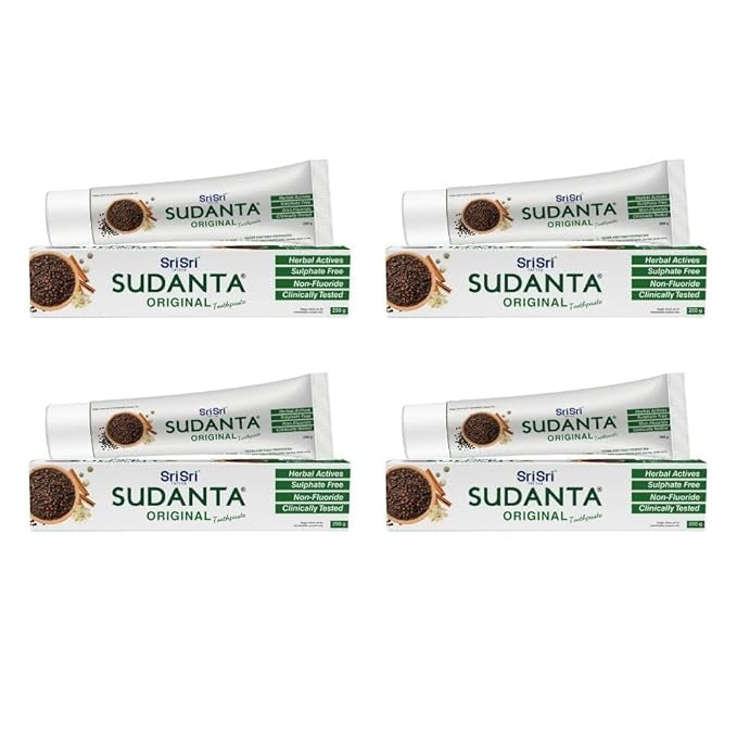 Multiple tubes of Sri Sri Sudanta Original toothpaste on a white background