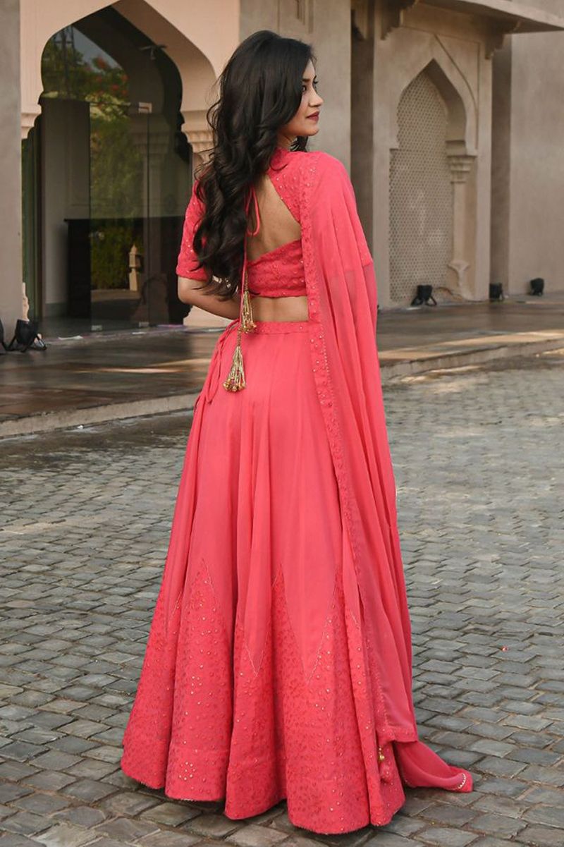Aastha fashion Coral Georgette lehanga blouse Embroidered work - Prithvi Mart
