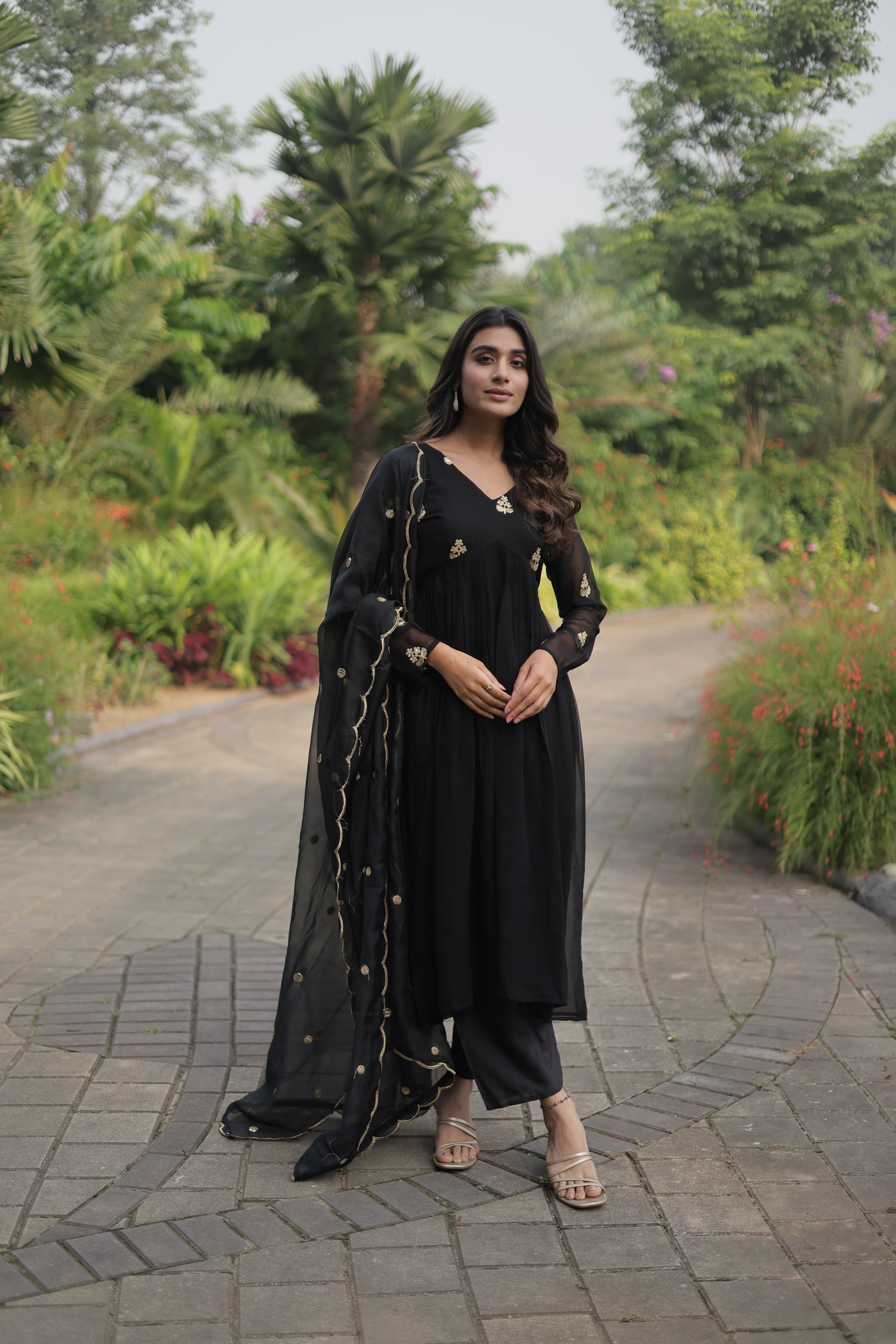 Aastha Black Faux Blooming Russian Silk with Gown Embroidered Work