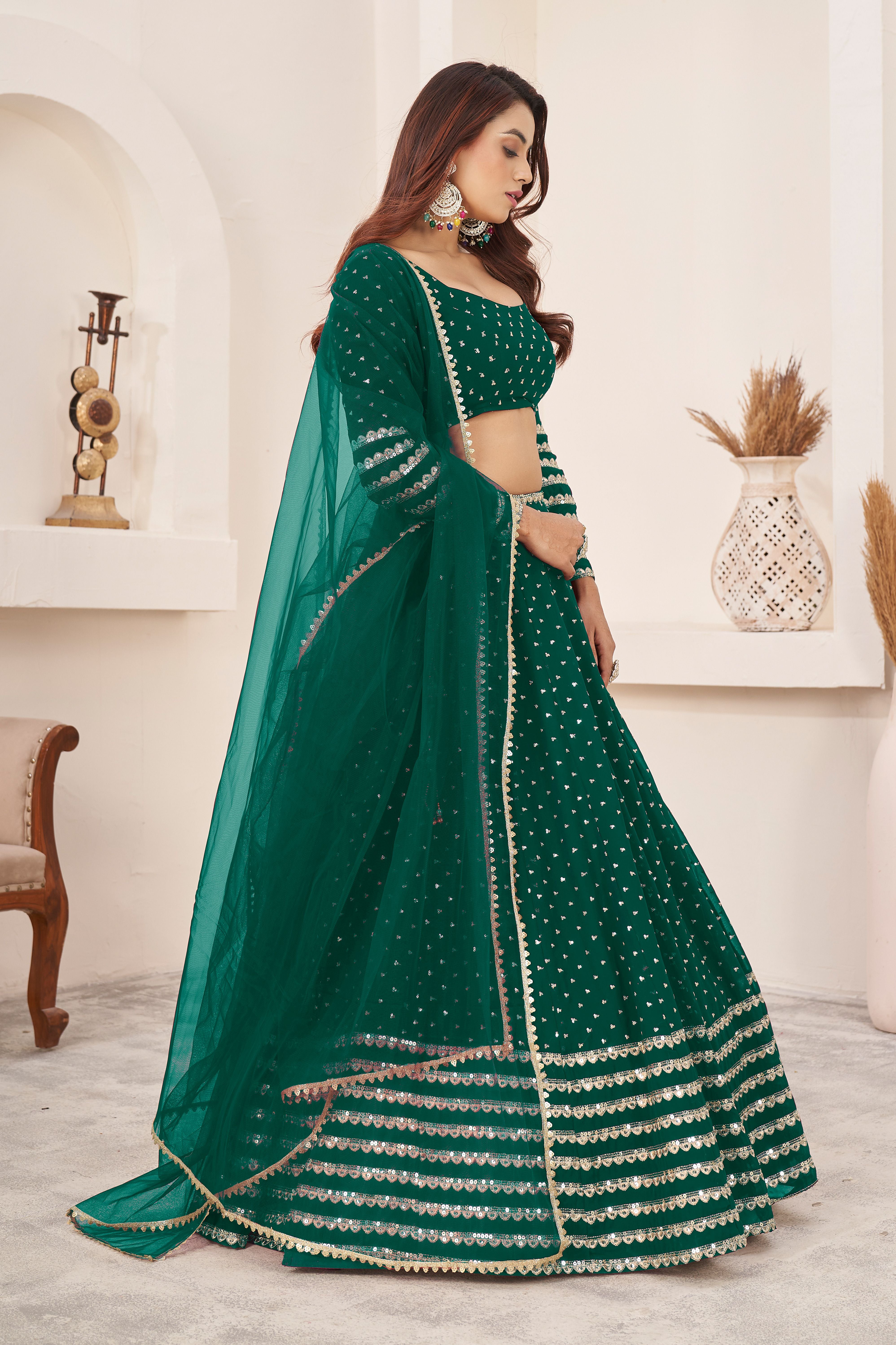 Aastha fashion green georgrtte lehanga blouse fabric Sequins Zari Embroidered Work