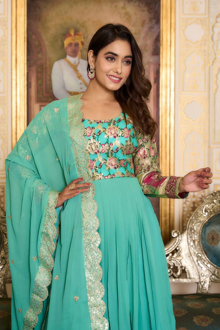 Aastha Sea Green Fox Georgette with Micro Cotton pure zecard work