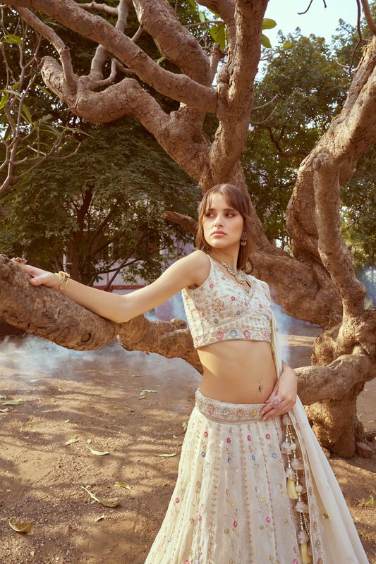 Aastha fashion Cream Tissue lehanga blouse Embroidery Work