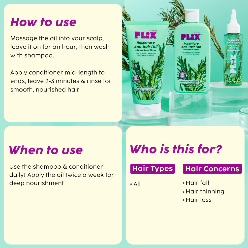 PLIX The Plant Fix Rosemary Hair Growth Advanced Hair Oil, Anti Hairfall Shampoo & Conditioner