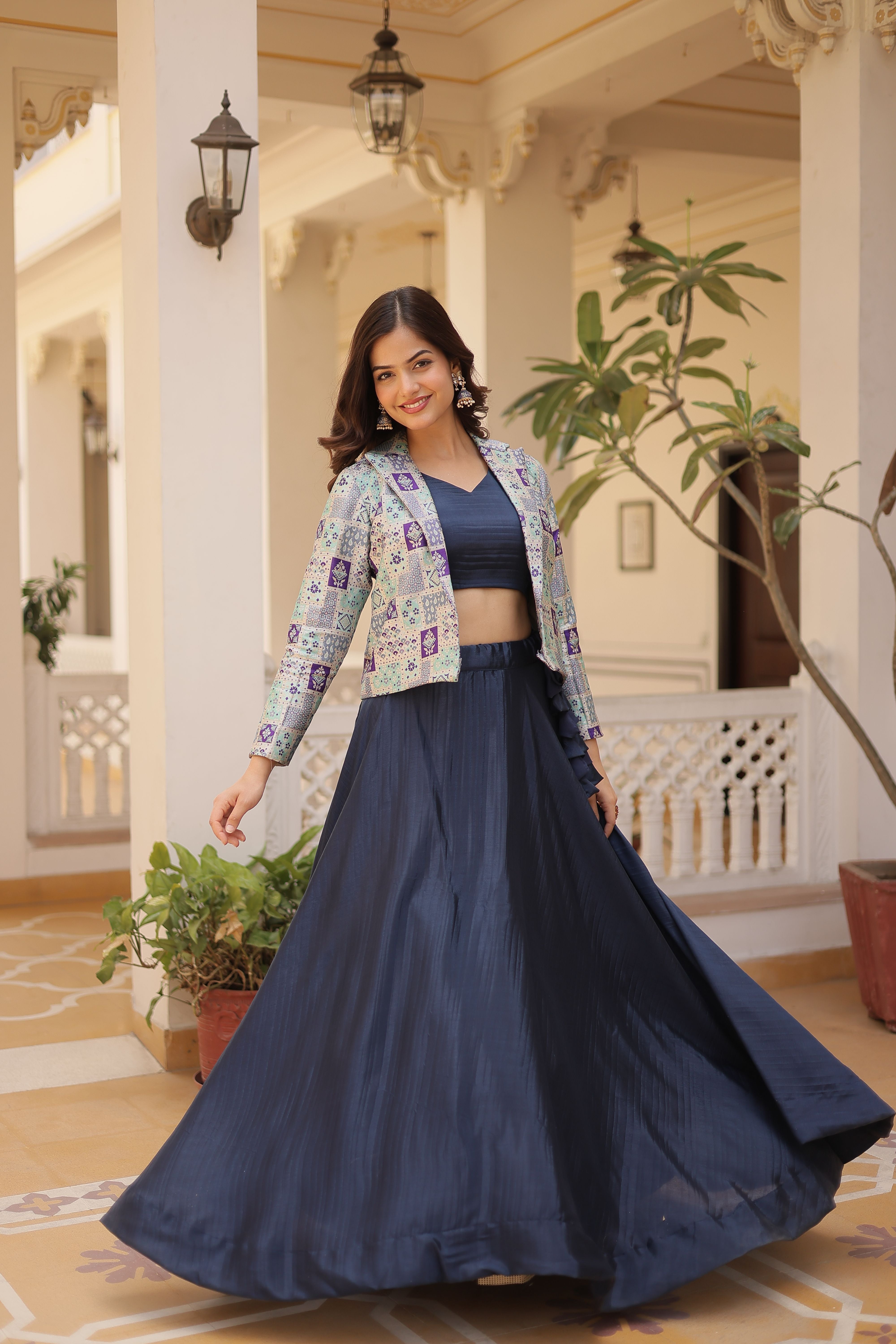 Aastha fashion navy blue Lehenga chinnon blouse fabric embroidery work