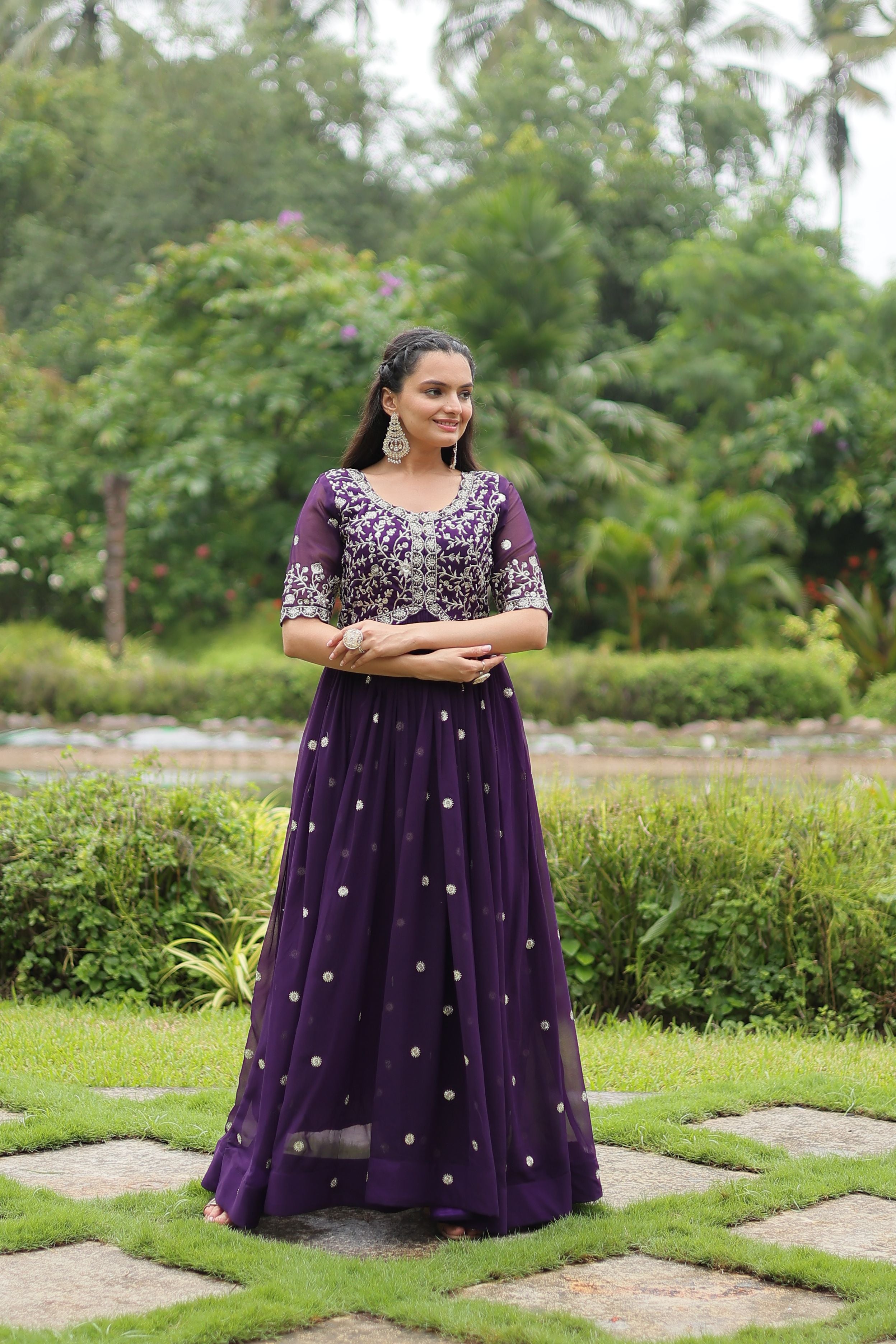 Aastha Purple Faux Blooming with Gown Embroidery Zari Sequins-work