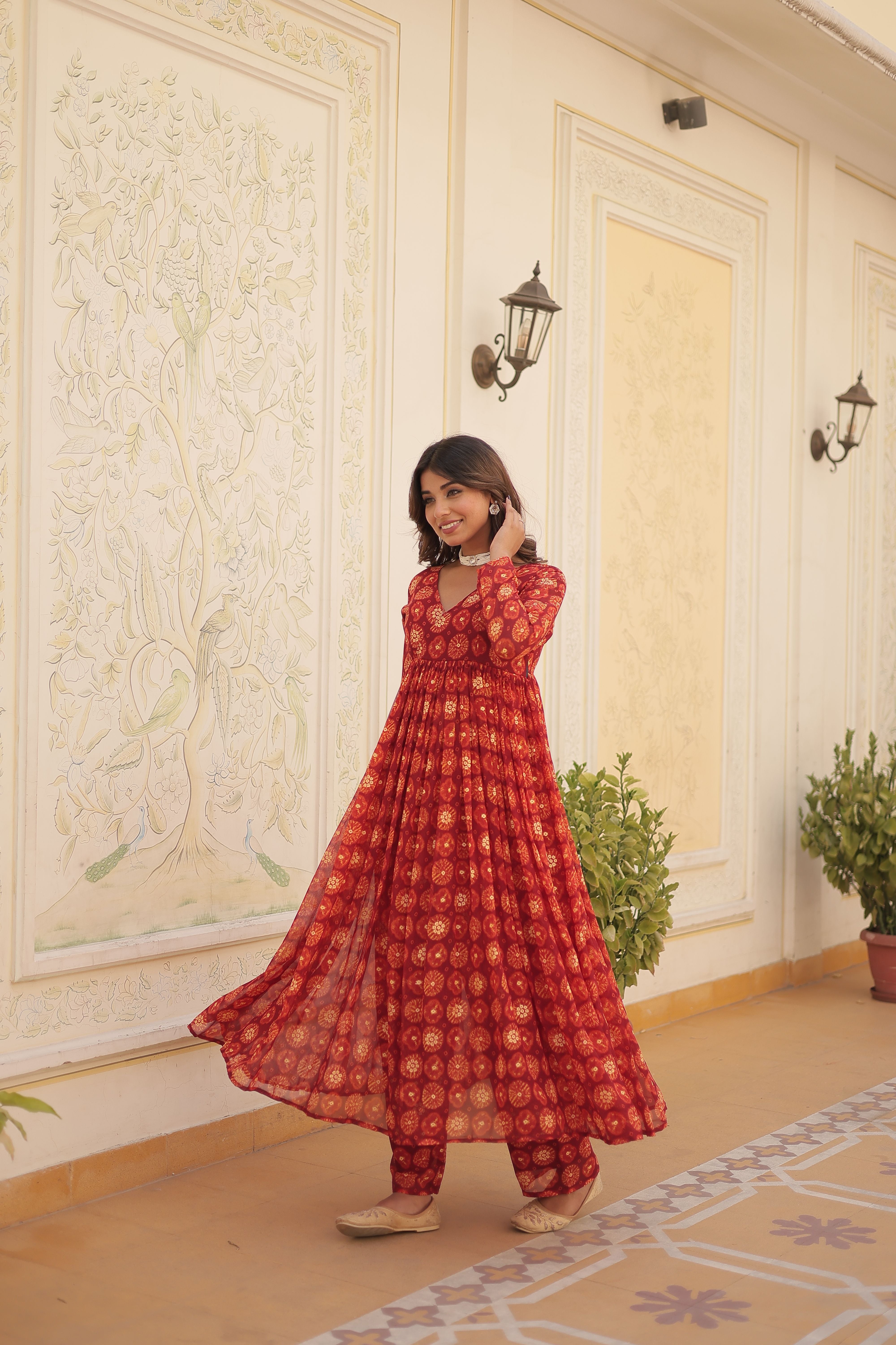 Aastha Red Faux Georgette with Gown fabric