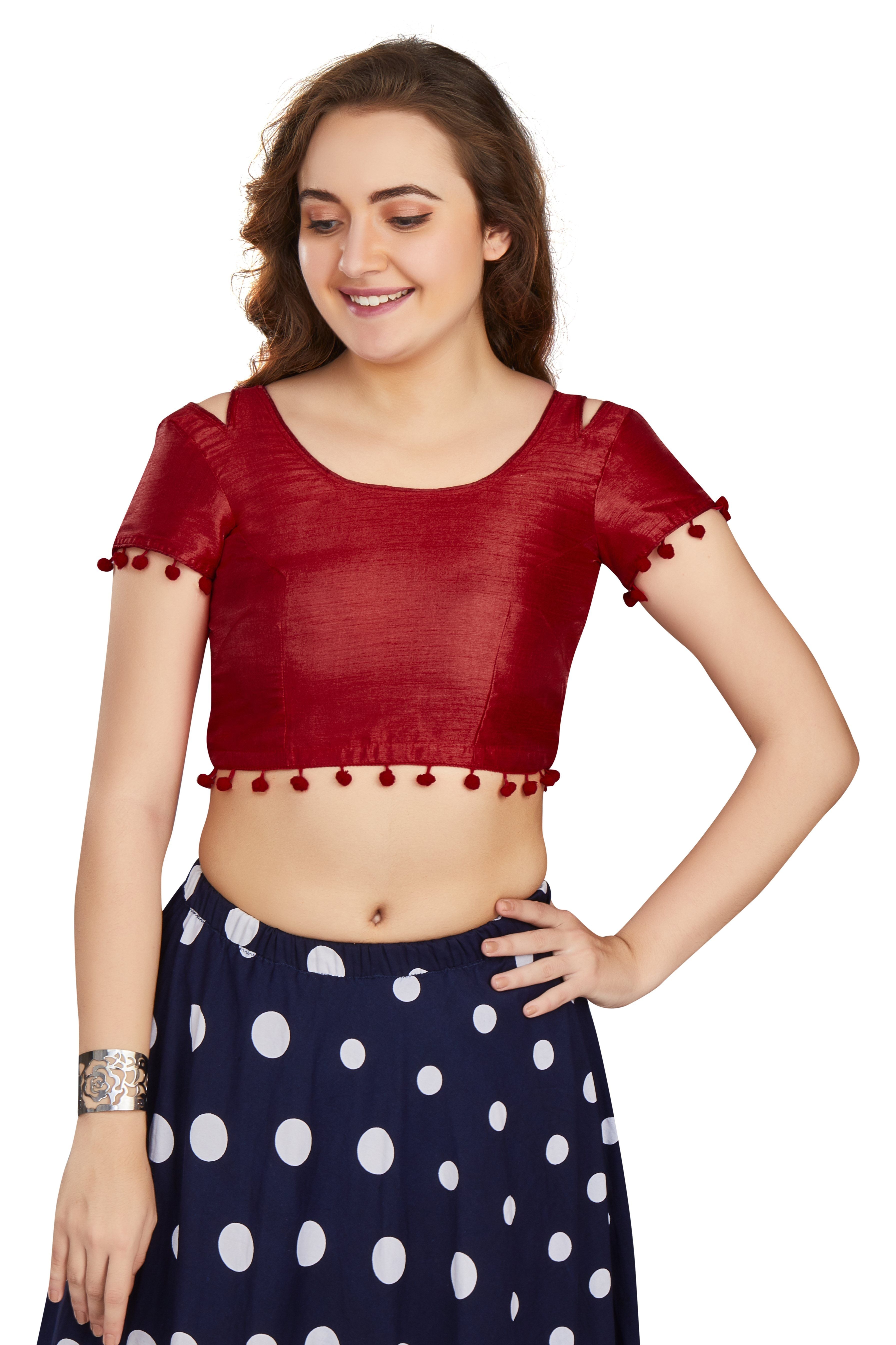Aastha fashion Maroon Art Slik Boat Neck Blouse Work Plain