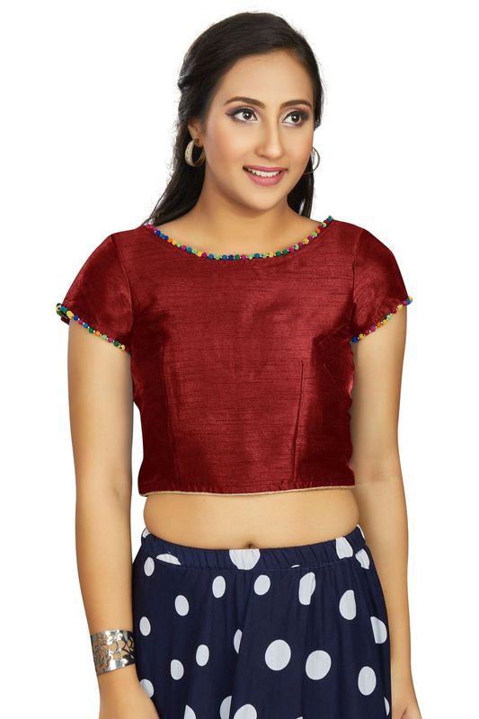 Aastha fashion Maroon Art Slik Boat Neck Blouse Work Plain