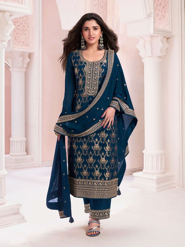 Aastha Blue Dupatta with Jacquard Viscose top fabric santoon Bottom fabric