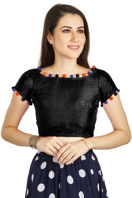 Aastha fashion Black Art Sleek Boat Neck Blouse Work Potli Design In Neck Or Sleeve