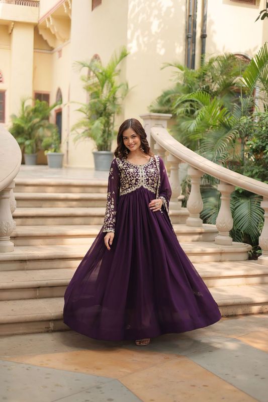 Aastha Wine Faux Blooming with Gown Sequins-Multi & Zari Embroidered Work