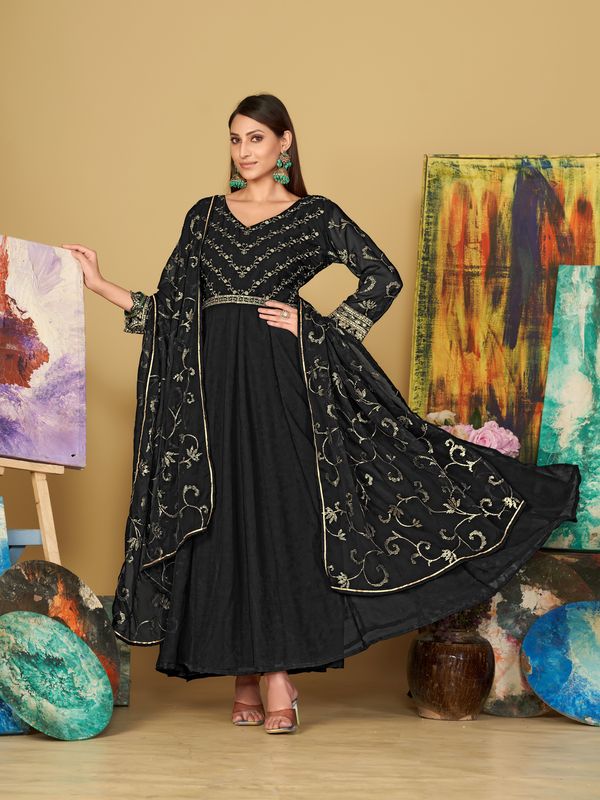 Aastha Black with Net top fabric Santoon Net Bottom fabric