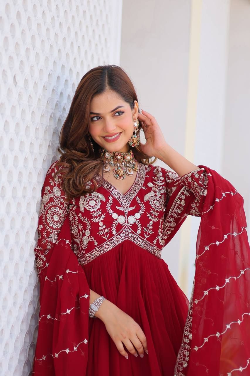 Aastha Red Fox Georgette with Micro Cotton Heavy sequence Embroidery Work