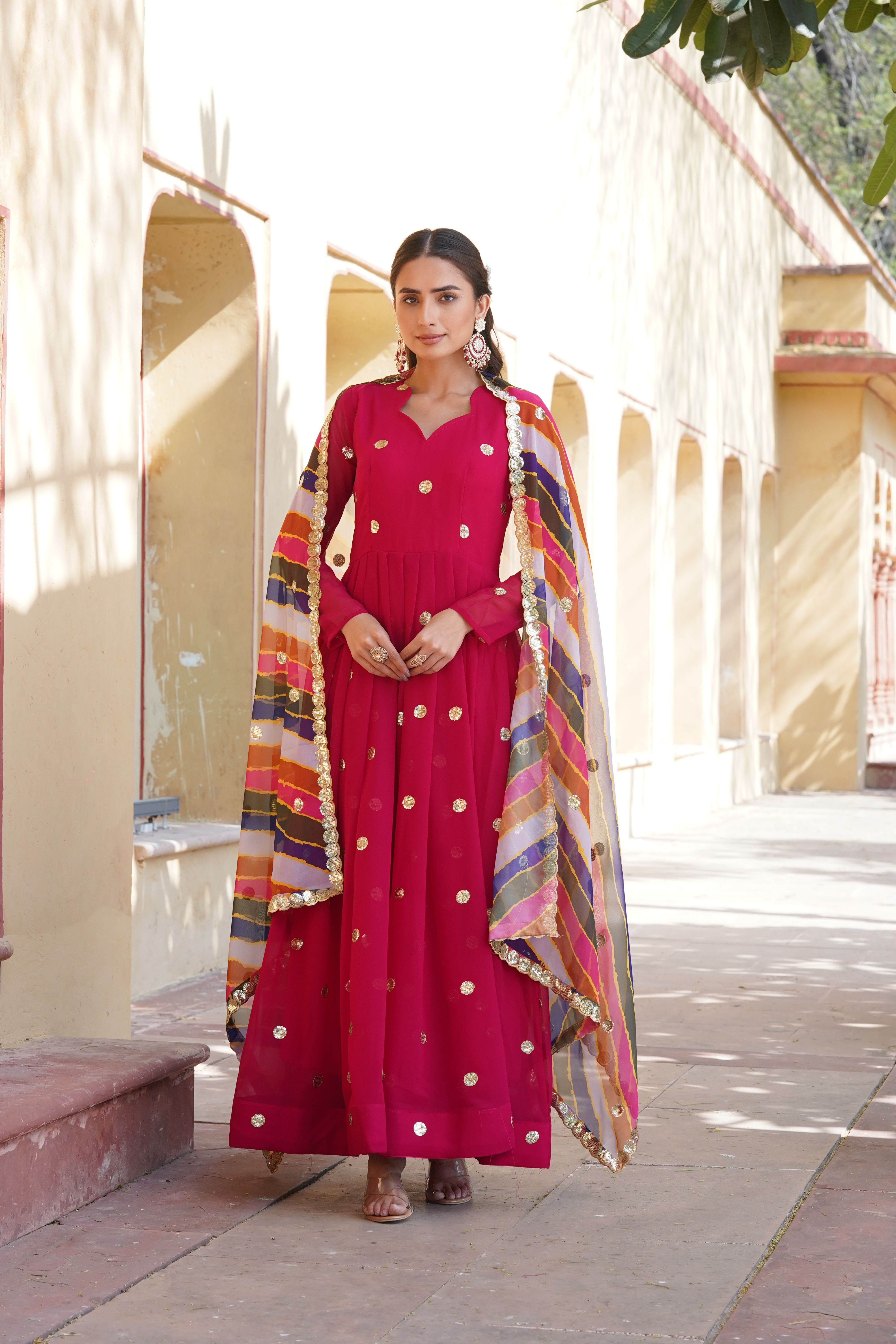 Aastha Rani pink Faux Georgette with Gown fabric Printed