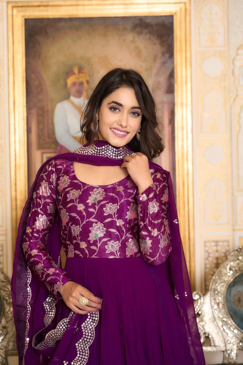 Aastha Wine Fox Georgette with Micro Cotton pure zecard work