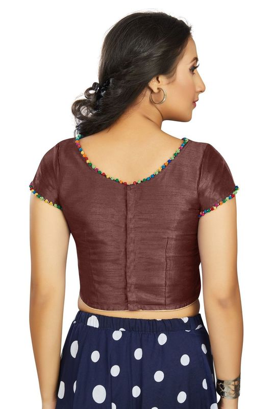 Aastha fashion Brown Art Slik Boat Neck Blouse Work Plain