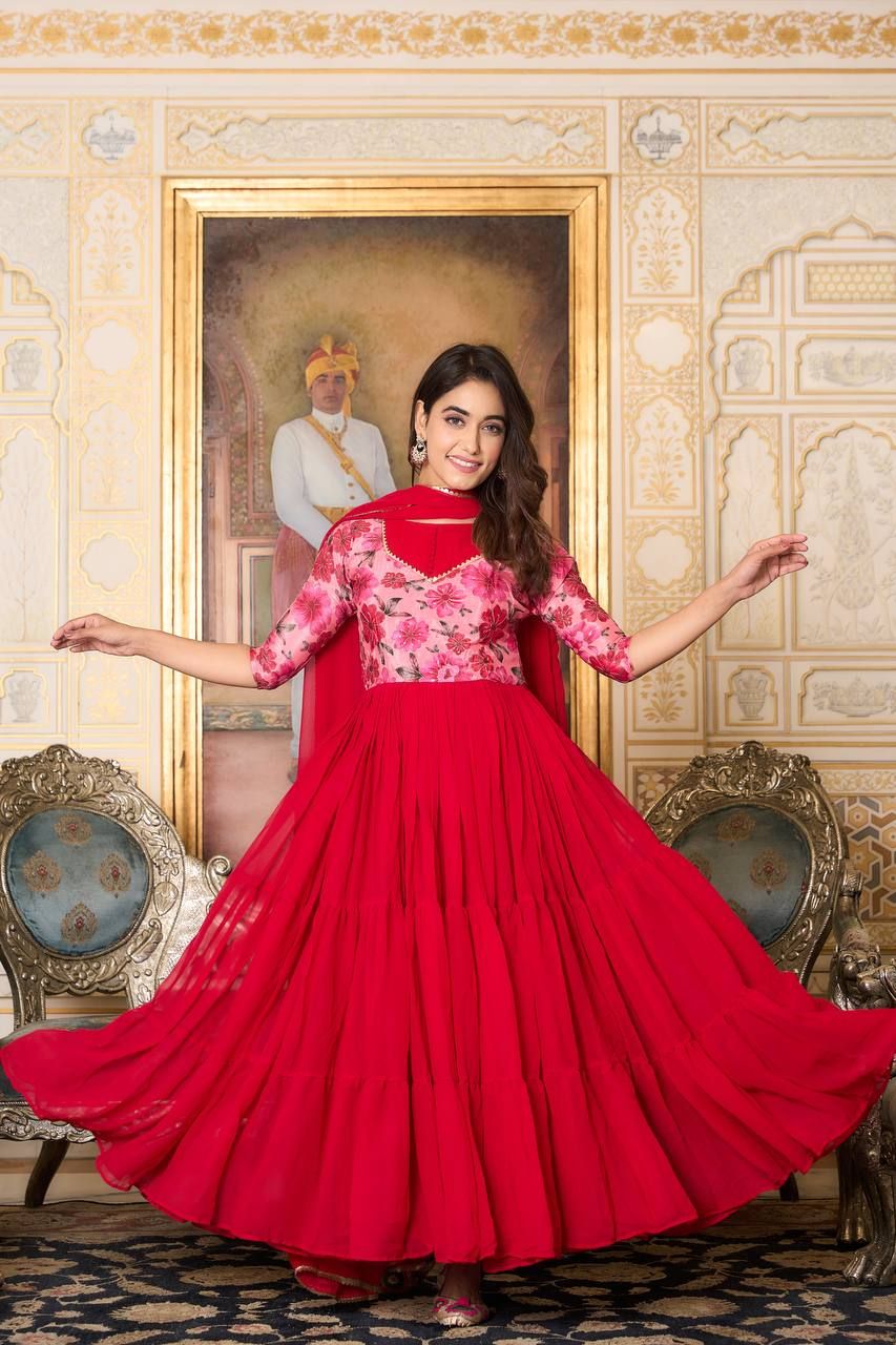 Aastha Red Fox Georgette with Micro Cotton Heavy position print Work