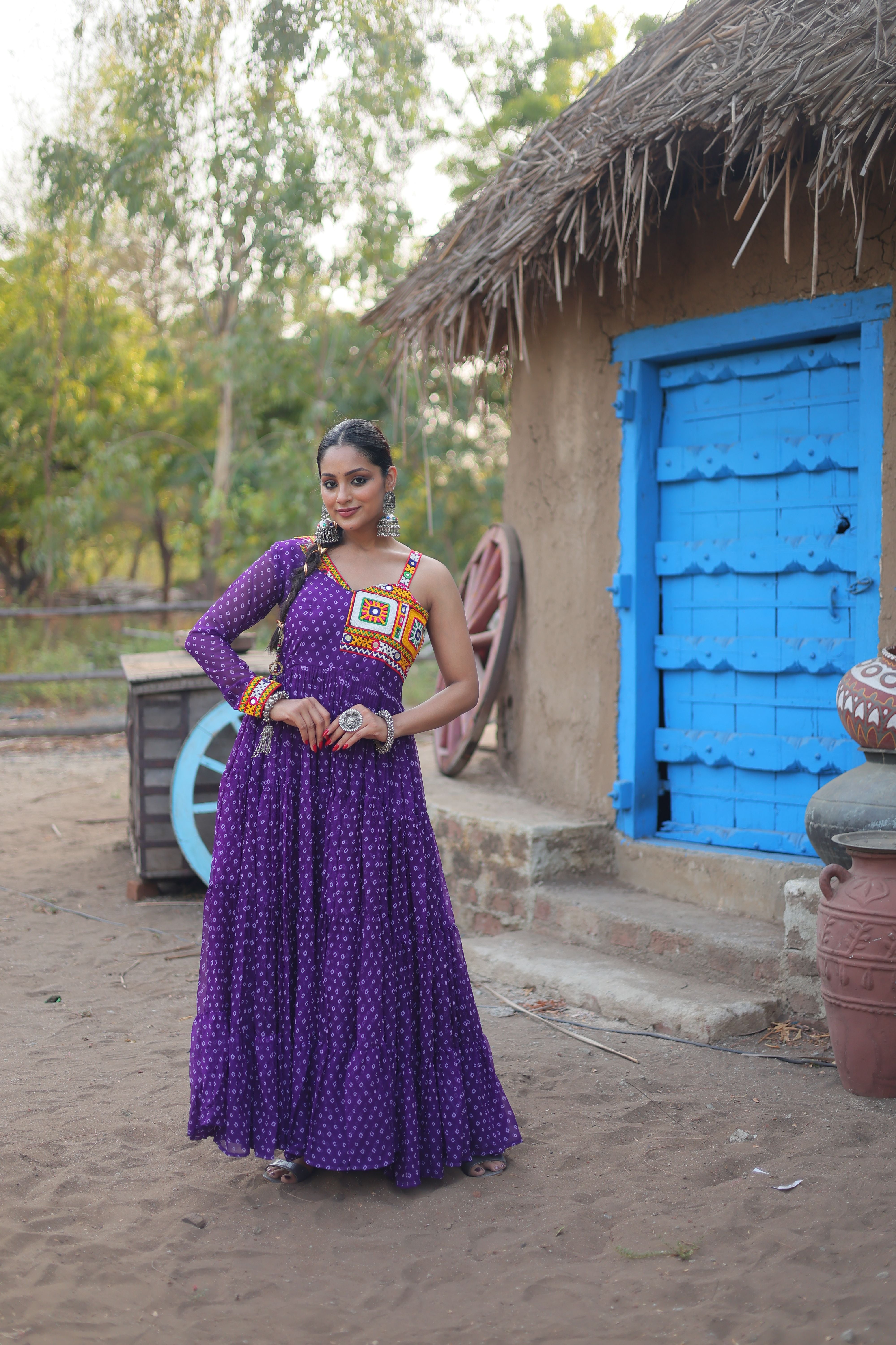 Aastha Purple with Gown fabric Faux Georgette Bandhani Print work with kutchi patchework