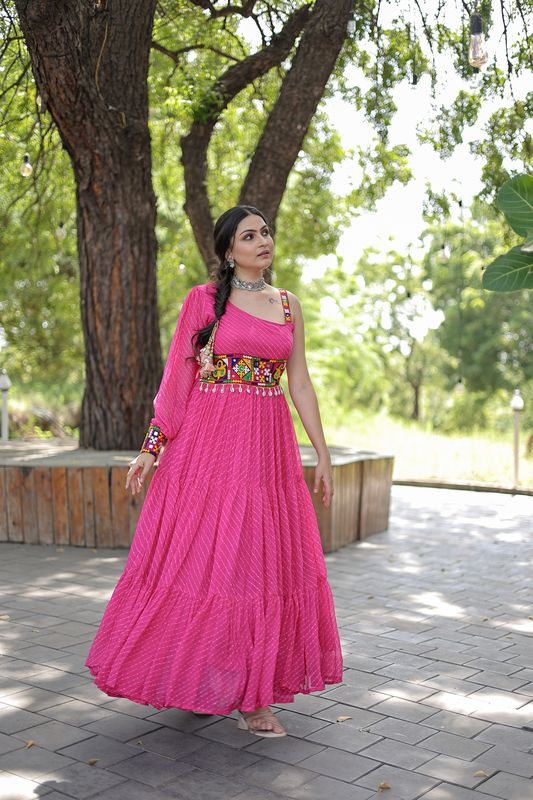 Aastha Pink Faux Georgette with Gown Leheriya Digital Print work with kutchi patchework
