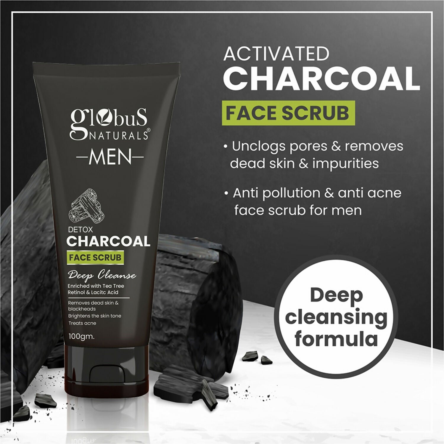 Globus Naturals Anti Pollution & Anti Acne Detox Charcoal Face Scrub for Men