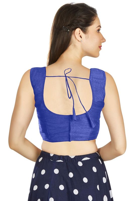 Aastha fashion Navy Blue Art Silk Pleated Boat Neck Blouse Work Plain