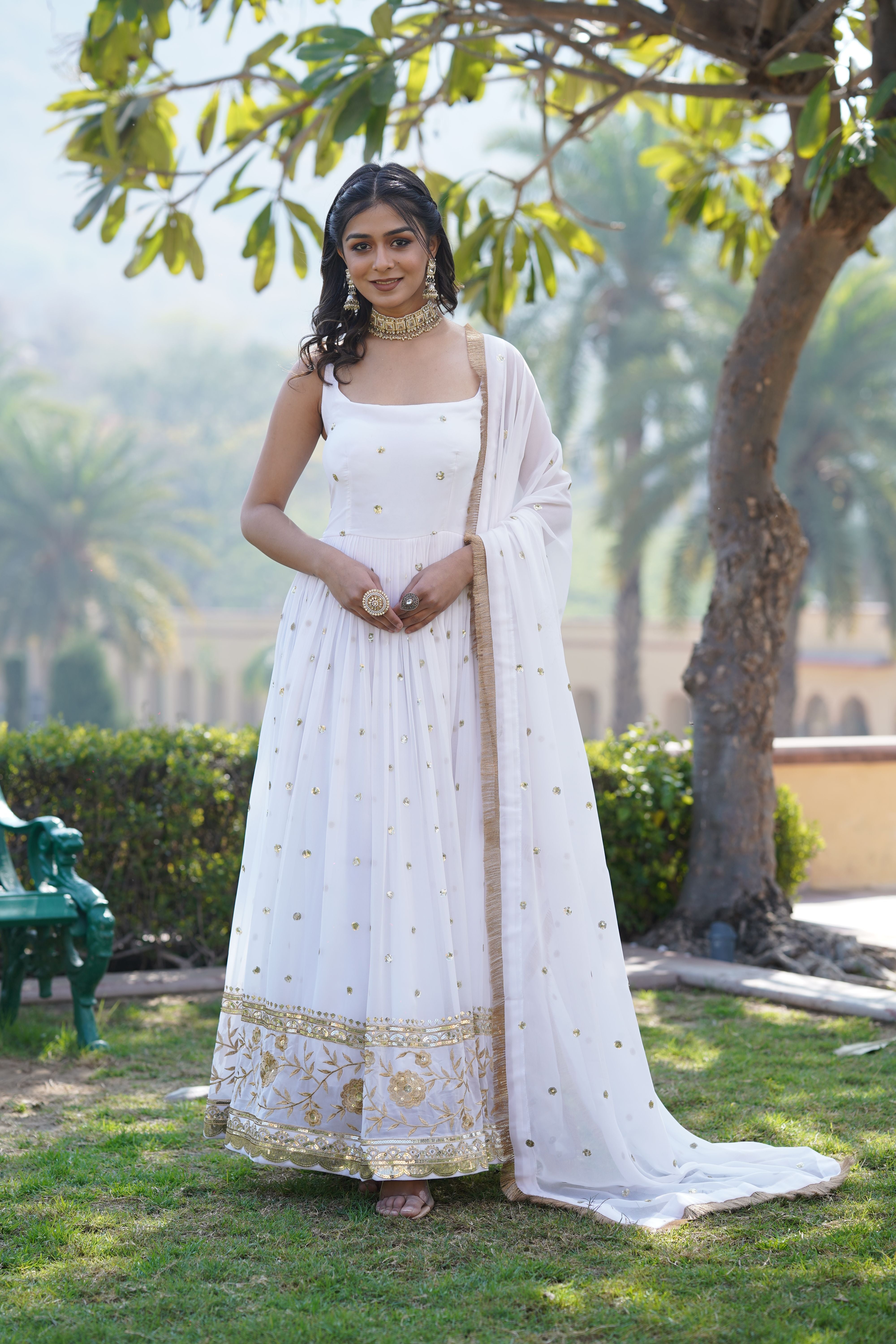 Aastha White Faux Georgette with Gown fabric Printed