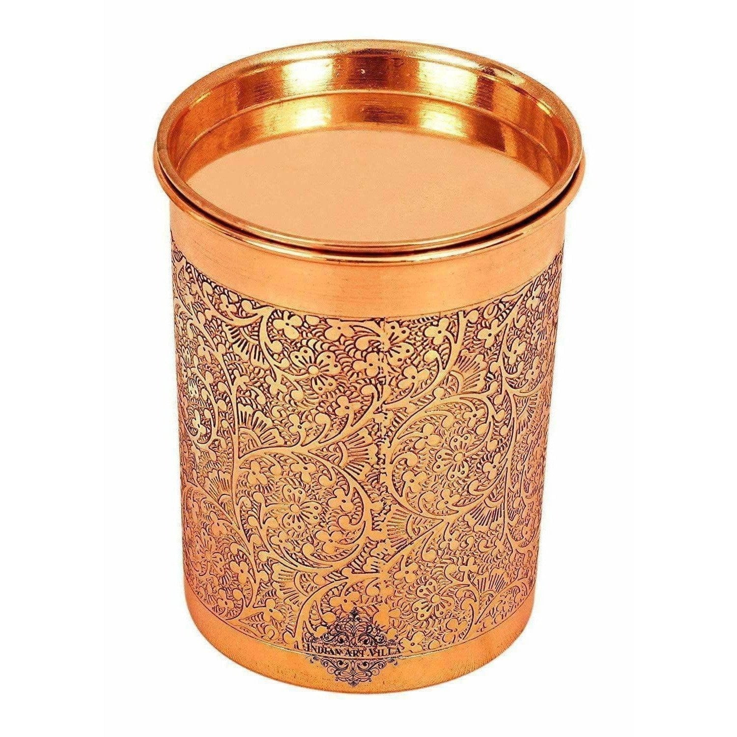 Copper Glass Tumbler with Lid Embossed Design