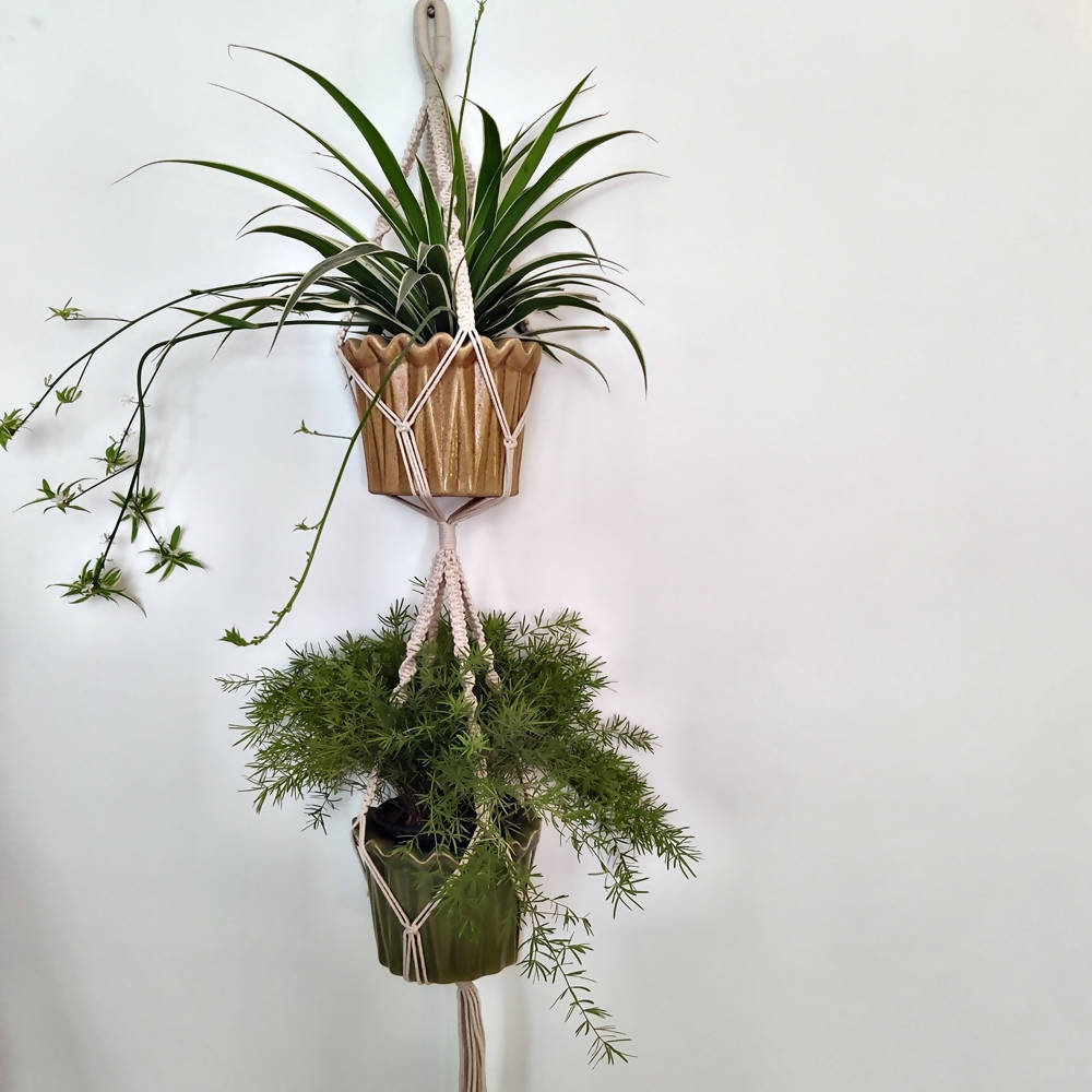 The Decor Nook Off White Macrame Double Plant Hanger With Wooden Ring