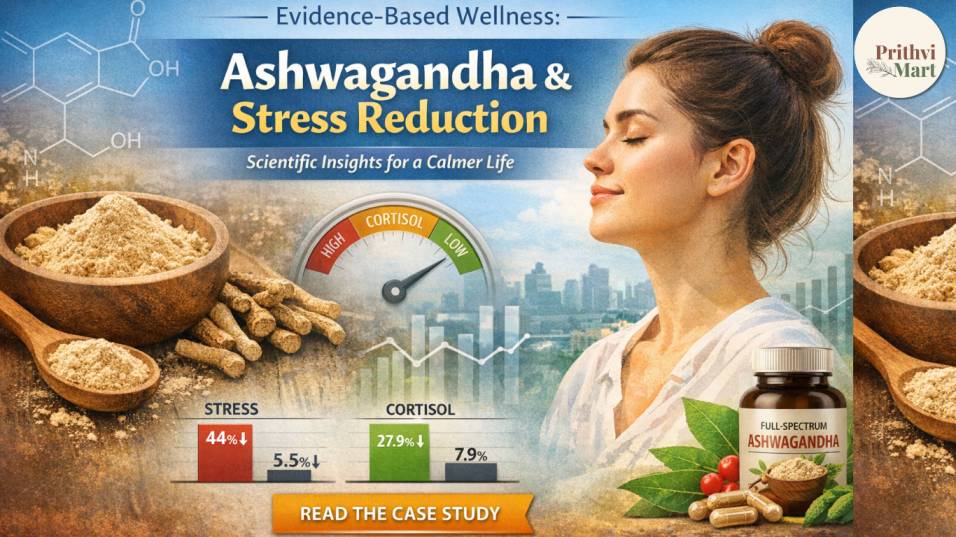 Banner for PrithviMart blog “Evidence-Based Wellness: Ashwagandha & Stress Reduction” showing ashwagandha powder and roots, a calm woman, cortisol/stress charts, and a full-spectrum ashwagandha supplement bottle with “Read the Case Study” CTA