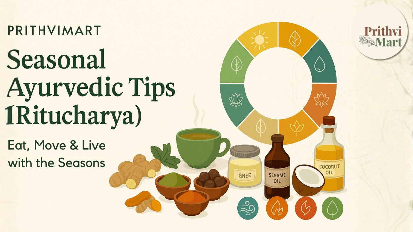 PrithviMart—Seasonal Ayurvedic Tips (Ritucharya) with seasons wheel and herbs: tea, turmeric, cinnamon, star anise, highlighting eat–move–live by season.