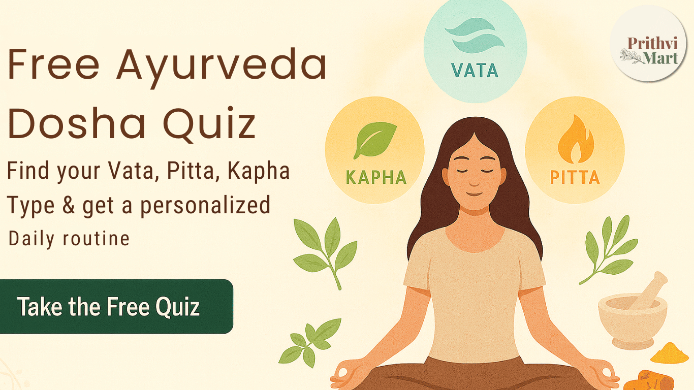 Free Ayurveda Dosha Quiz banner on PrithviMart showing a woman meditating with Vata, Pitta, Kapha icons and a “Take the Free Quiz” button on a beige Ayurvedic background.
