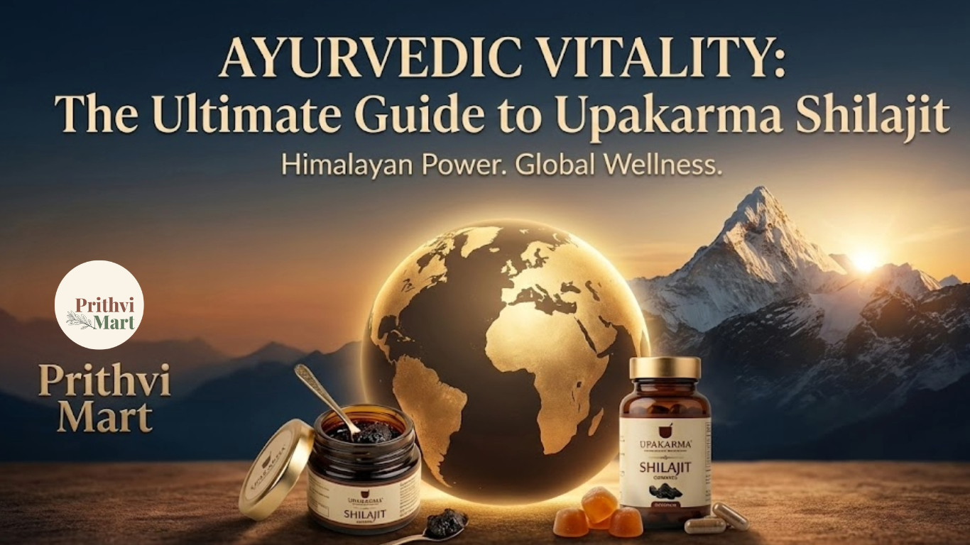 Upakarma Shilajit resin and capsules beside a golden globe and Himalayan mountains, featuring the Prithvi Mart logo and Ayurvedic Vitality text.