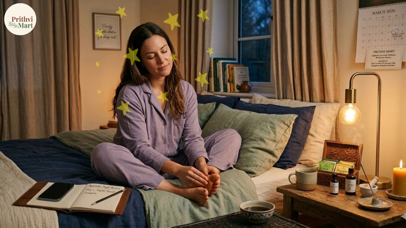 A woman sits on her bed practicing a calming Ayurvedic foot massage before sleep. Her nightstand holds warm tea, massage oils, and a candle, while a smartphone rests face down on an open journal to illustrate a screen-free bedtime routine.