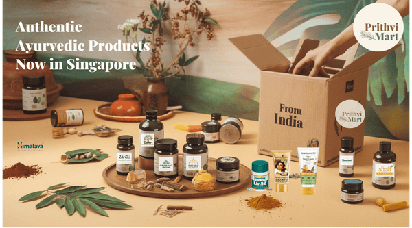 Authentic Ayurvedic products like herbal supplements and oils, alongside neem and Tulsi, being delivered from India to homes in Singapore with text 'Authentic Ayurvedic Products Now in Singapore