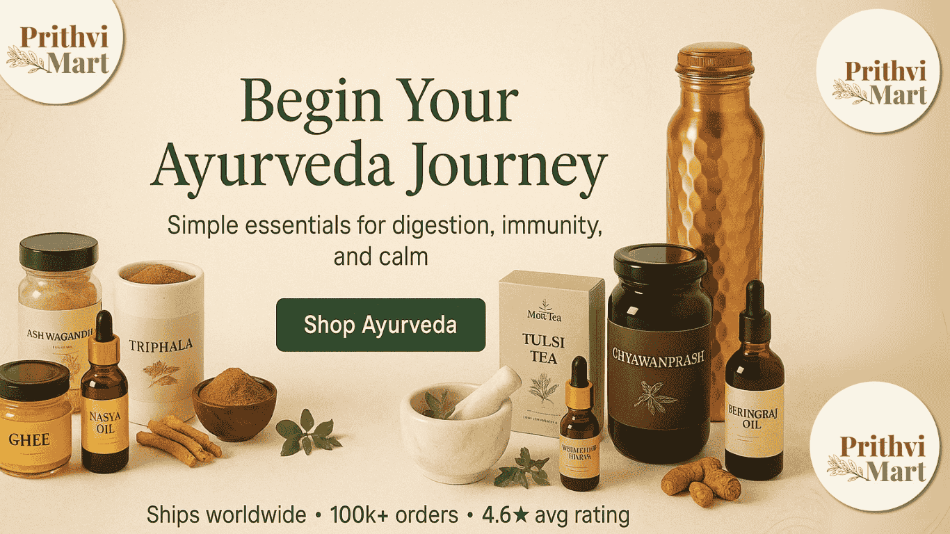 Ayurvedic essentials flat-lay on warm motif background for PrithviMart; headline Begin Your Ayurveda Journey; CTA button reads Shop Ayurveda.