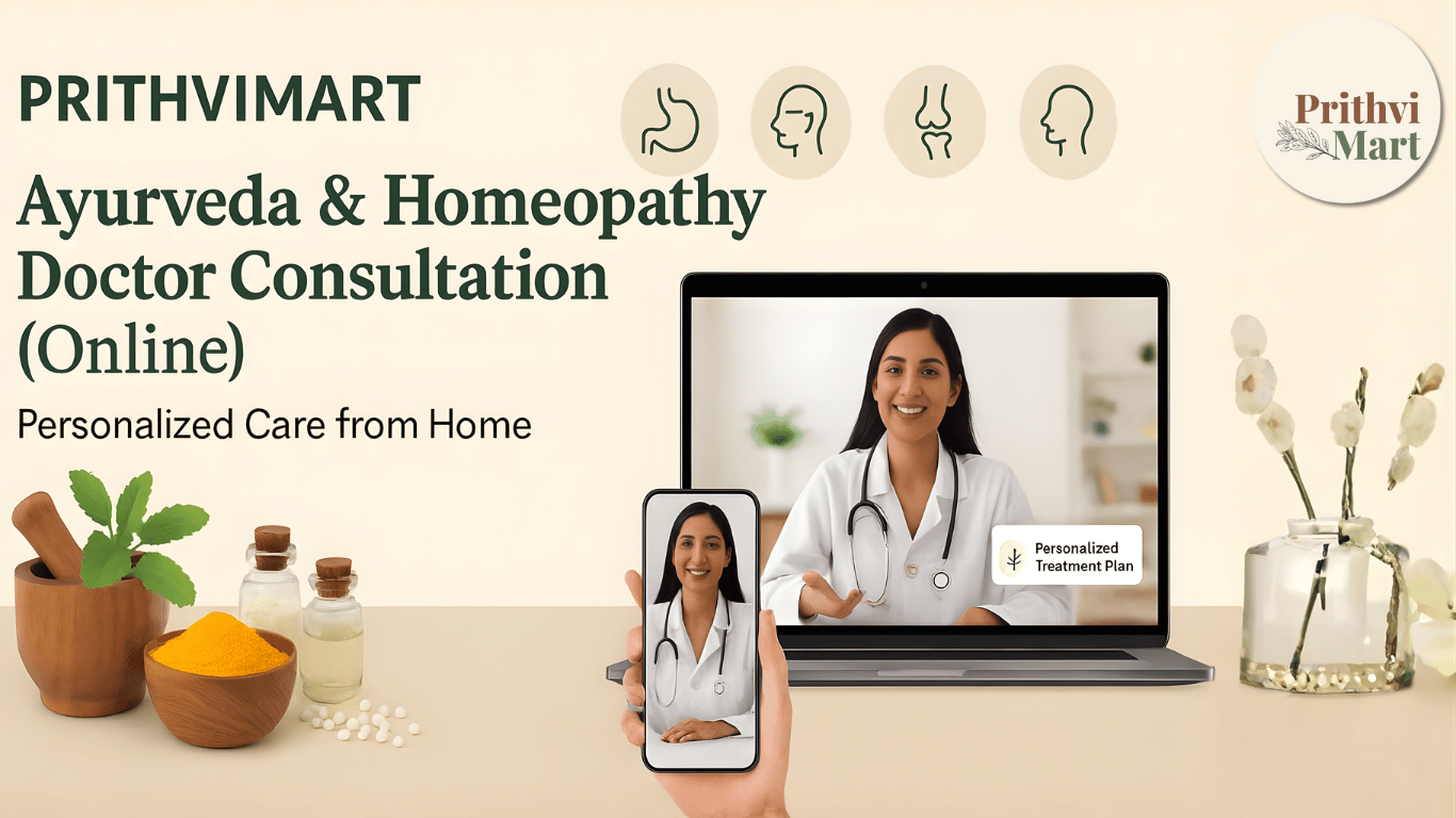 PrithviMart—Online Ayurveda & Homeopathy Doctor Consultation with video call, personalized plan, and icons for digestion, stress, joints, and skin.
