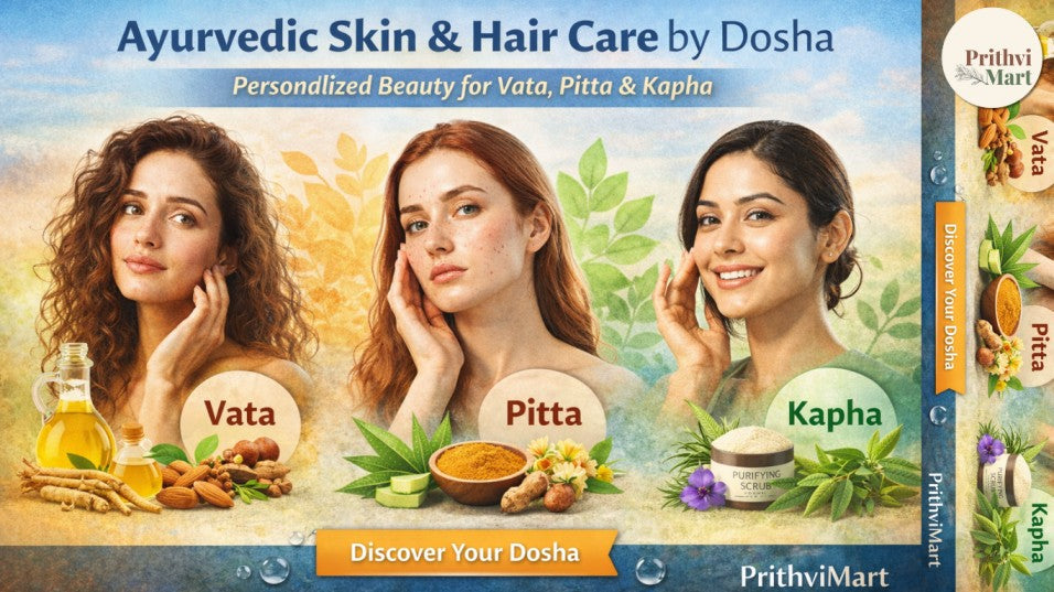 PrithviMart blog banner “Ayurvedic Skin & Hair Care by Dosha” showing three women representing Vata, Pitta, and Kapha with Ayurvedic ingredients like oils, aloe, turmeric, herbs, and a “Discover Your Dosha” button.