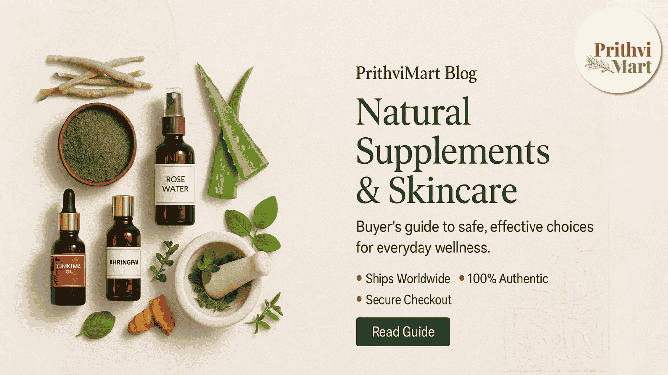 Off-white paper with faint mandala; Ayurvedic flat-lay beside text “Natural Supplements & Skincare”  PrithviMart Blog