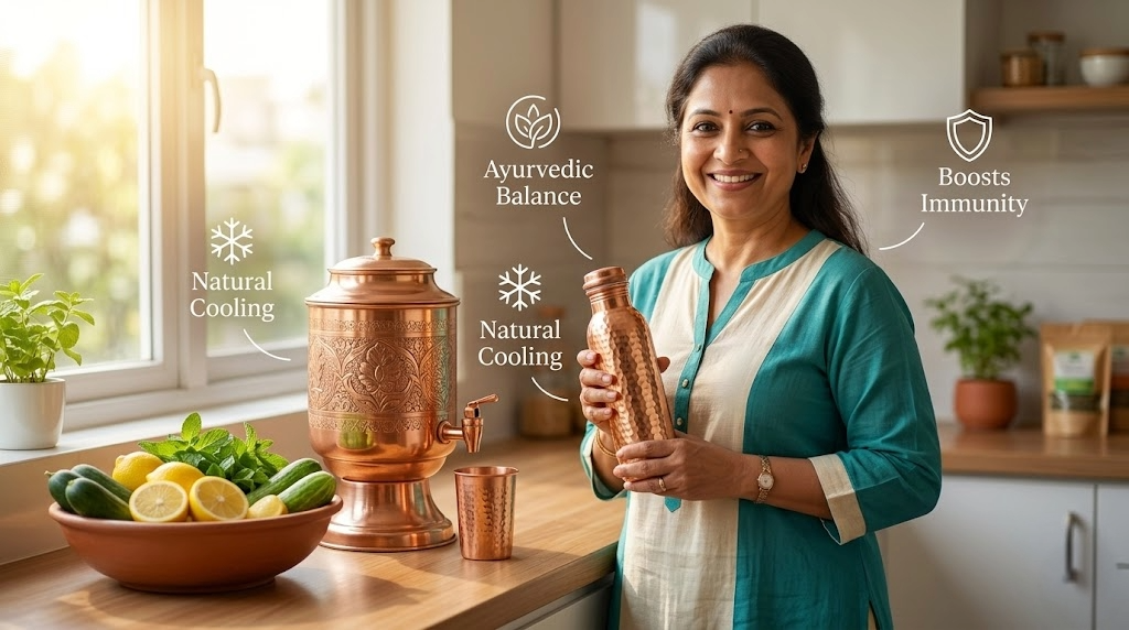 A happy Indian woman in a sunlit kitchen using a hammered copper water bottle for summer wellness