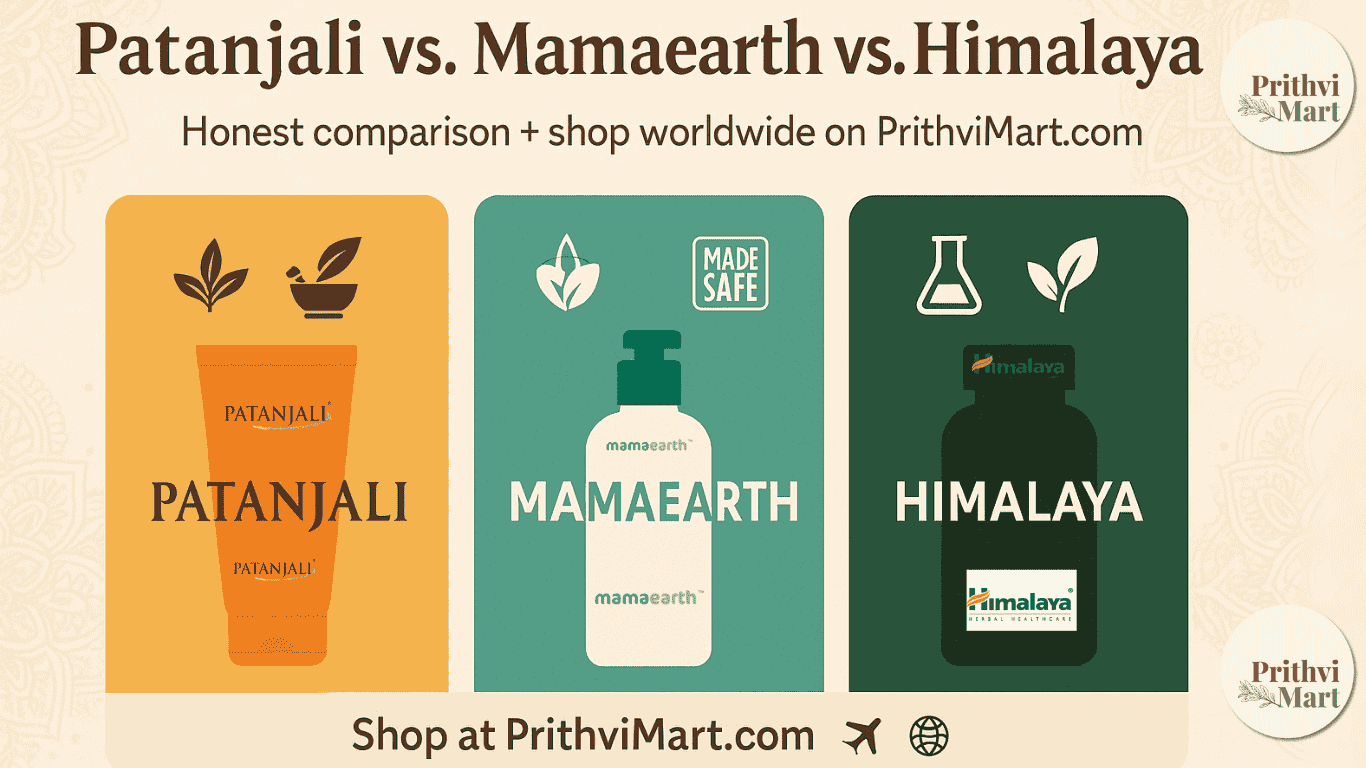 Indian herbal brands compared—Patanjali, Mamaearth, Himalaya—shop authentic products worldwide on PrithviMart.com